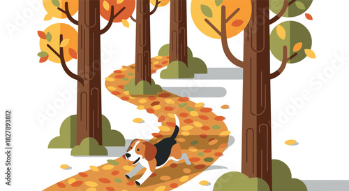 Autumn walk: dog enjoys colorful forest path with falling leaves