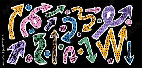 Set of colorful cutout abstract playful arrow. Scribble doodle texture for scrapbook note design. Crayon and charcoal texture on soft paper edges