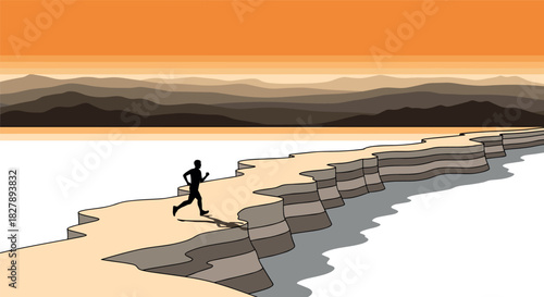 Silhouette runner on dramatic cliff against layered mountain landscape at sunset