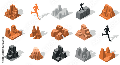 Isometric rock formations with silhouette runners for outdoor adventure themes