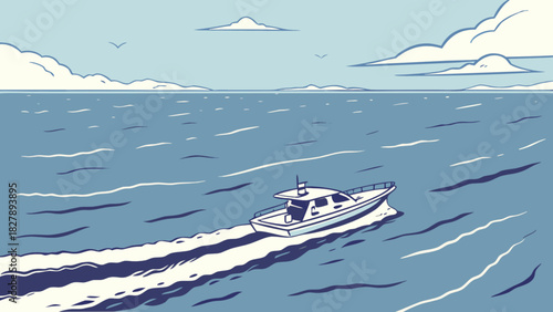 Stylized illustration of a fast motorboat speeding across a vast blue ocean, leaving a white foamy wake, with subtle distant landforms and a clear sky with scattered clouds.