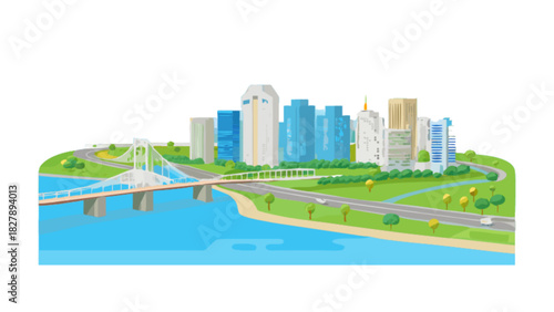 Modern urban cityscape vector illustration with a prominent bridge spanning a river, flanked by tall skyscrapers, winding roads, and green spaces, depicting infrastructure and city life.