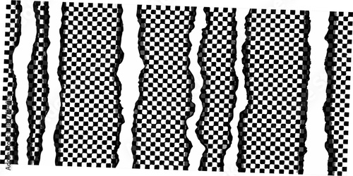 Abstract black and white optical illusion with distorted vertical checkerboard patterns