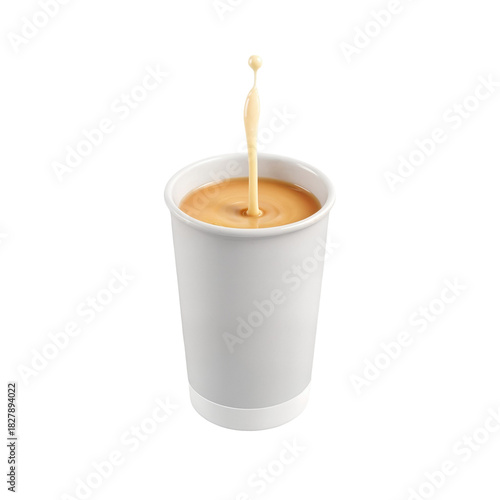 Milk pouring into a disposable coffee cup with splash