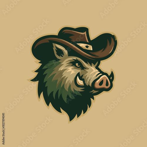 A wild boar wearing a cowboy hat, profile view