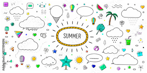 Doodle illustration featuring summer themed icons and hand drawn elements