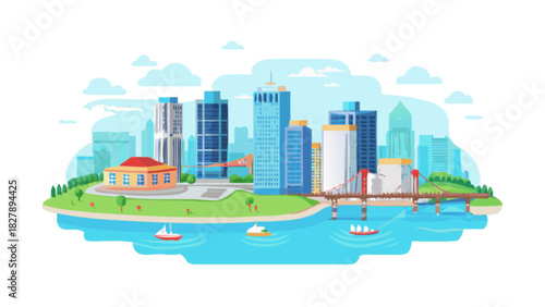 Modern urban cityscape illustration with towering skyscrapers, a vibrant river flowing through, arched bridges connecting land, boats navigating the water, and lush green parks under a clear blue sky
