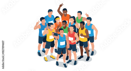 Energetic group of runners taking a selfie in isometric style