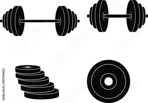 Weightlifting equipment silhouette dumbbells and weight plates isolated on white