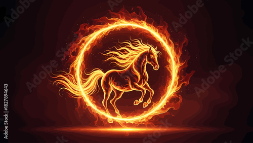 Fiery Gallop A Majestic Horse Leaping Through a Blazing Ring of Fire, Symbolizing Power and Freedom
