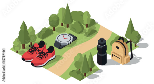 Outdoor hiking gear in isometric style for adventure enthusiasts