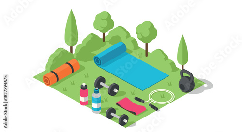 Isometric outdoor fitness setup with yoga mat and exercise equipment in park setting