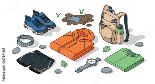 Outdoor adventure gear in isometric style featuring backpack, shoes, and clothing essentials
