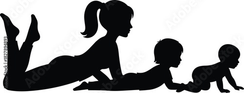 Family silhouette with baby, child, adult lying down, growth stages, parenting, bonding, development, vector illustration, love