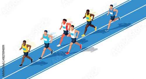 Isometric runners competing in a race on a blue track