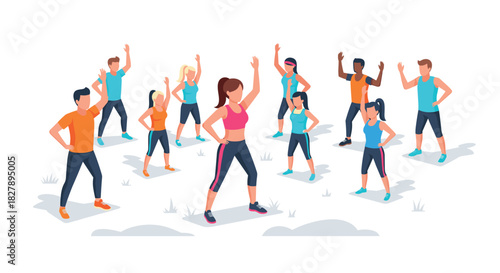 Group fitness class outdoors with diverse people in activewear