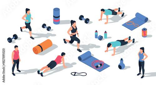 Diverse group practicing fitness routines with equipment in isometric style