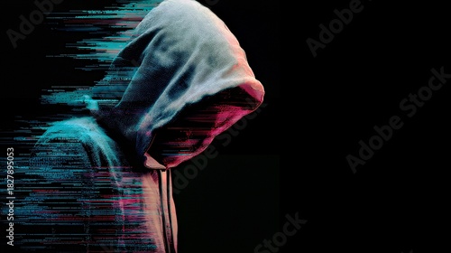 Hooded Glitch: Digital Phantom in Neon Distortion