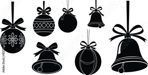 Silhouette christmas ornaments and bells hanging with ribbons
