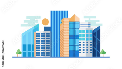Modern city skyline with diverse corporate and residential buildings under a clear sky, featuring architectural details and green elements, ideal for urban development themes.