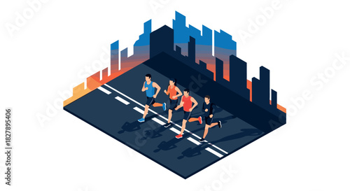 Running marathon with runners in an isometric cityscape at sunset