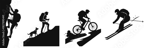 Outdoor adventure sports silhouette set climbing hiking biking skiing
