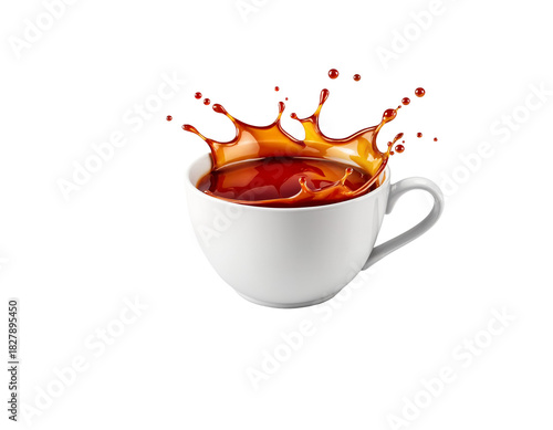 Dynamic Splash of Hot Tea in a White Ceramic Cup