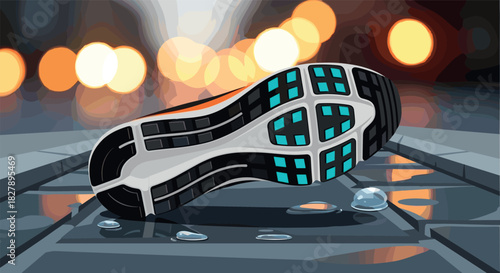 Athletic shoe sole on wet surface with bokeh background in cartoon style