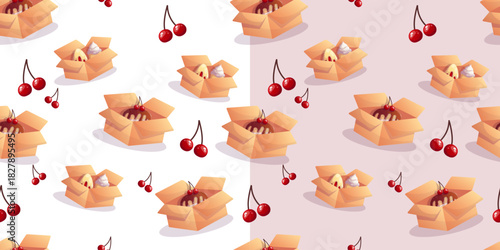 Seamless dessert boxes pattern with cherries, ideal for packaging, wrapping paper, bakery branding, textile prints, greeting cards, menu design and festive projects