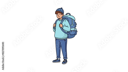 Illustrated young traveler character in warm clothes carrying a large camping backpack, ready for an adventure or trip