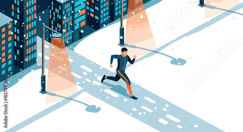 Isometric winter night cityscape with runner under streetlights