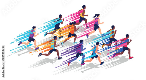 Marathon runners in motion with colorful streaks on white background