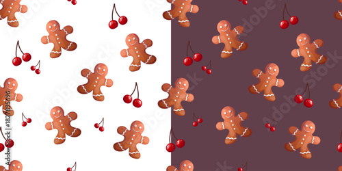 Festive seamless vector pattern with gingerbread cookies and cherries suitable for gift wrap, textile, packaging, cards, labels, stickers and digital designs for winter projects