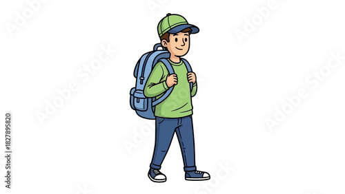Cute student boy character wearing a cap and walking with a blue backpack. Vector cartoon illustration for school or adventure themes