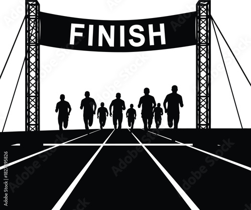 Runners approaching the finish line in a race silhouette