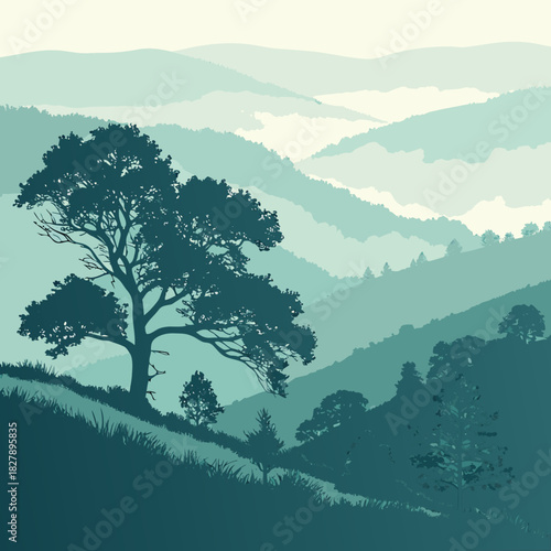 A lone tree stands silhouetted against a backdrop of rolling hills and mountains