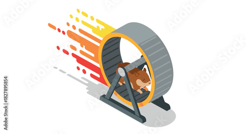 Adorable hamster running in dynamic isometric style wheel with gradient background