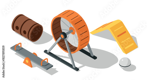 Isometric pet exercise equipment set with hamster wheel and tunnel