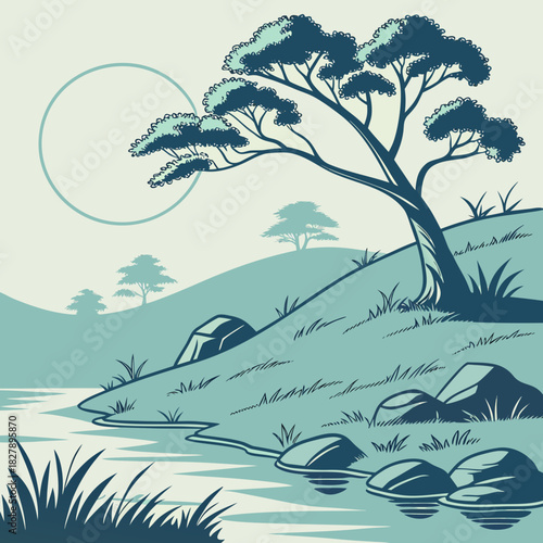 A serene landscape with a tree on a hill by a river under a full moon