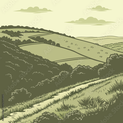 Scenic countryside landscape with rolling hills and a winding path illustration