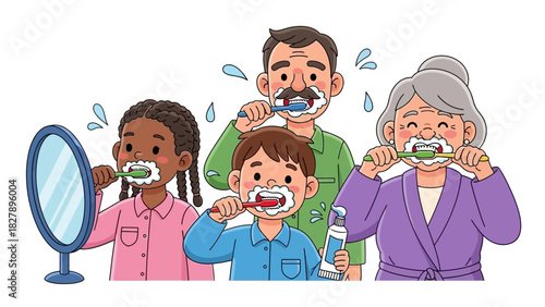 Family dental hygiene A diverse group brushing teeth together