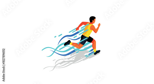 Dynamic isometric runner with stylized flowing trails in motion