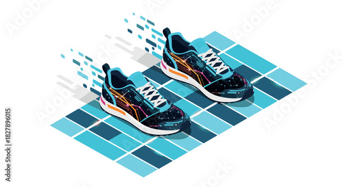 Futuristic running shoes with digital glitch effect in isometric design