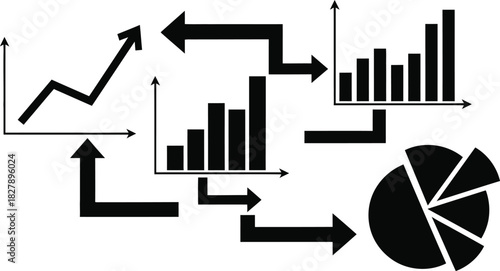 Data analysis and visualization flowchart with charts and arrows