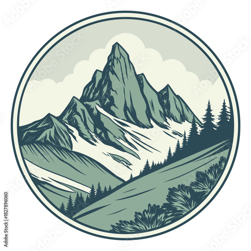 Majestic mountain peak rises above a serene landscape in a circular emblem