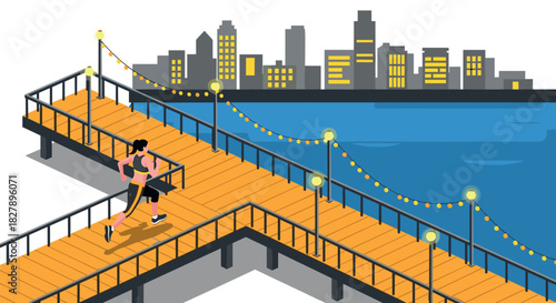 Evening jogger on city waterfront path with urban skyline and lit walkway