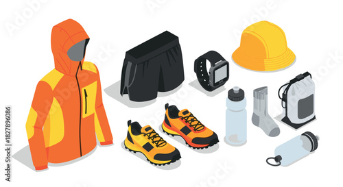 Outdoor adventure gear with isometric hiking jacket, shoes, and accessories