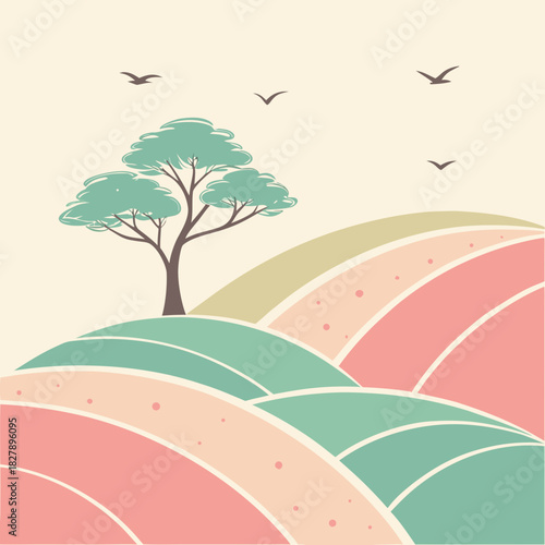 Pastel landscape with rolling hills, a tree, and birds flying in the sky