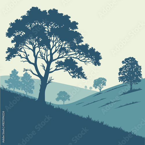 Silhouette of a tree on a hill with other trees in the background