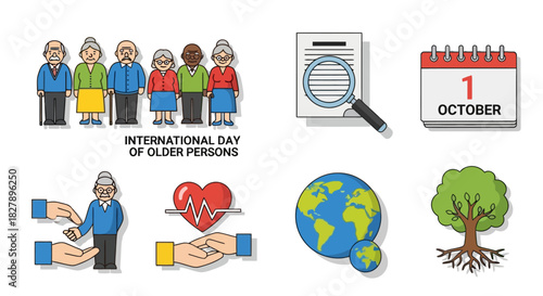 Set of color line icons representing senior citizen health, wellness, and retirement community life